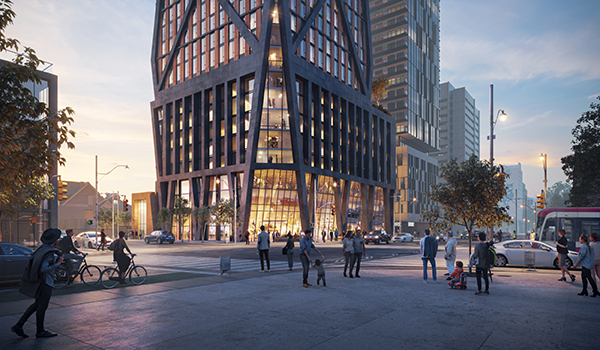 rendering viewed from the sidewalk of a condo tower with double-height glazed retail at grade with angled dark-clad columns