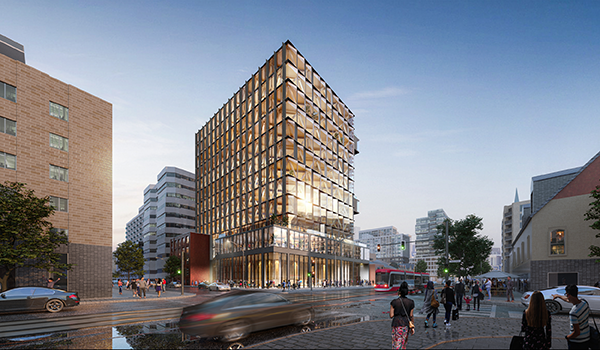 rendering of a 13-storey modern office building with dark matte clad fins and glazing revealing mass timber structure inside
