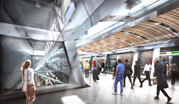 rendering of people walking through a transit station with curved wooden slat ceiling feature and lots of light coming in through skylights
